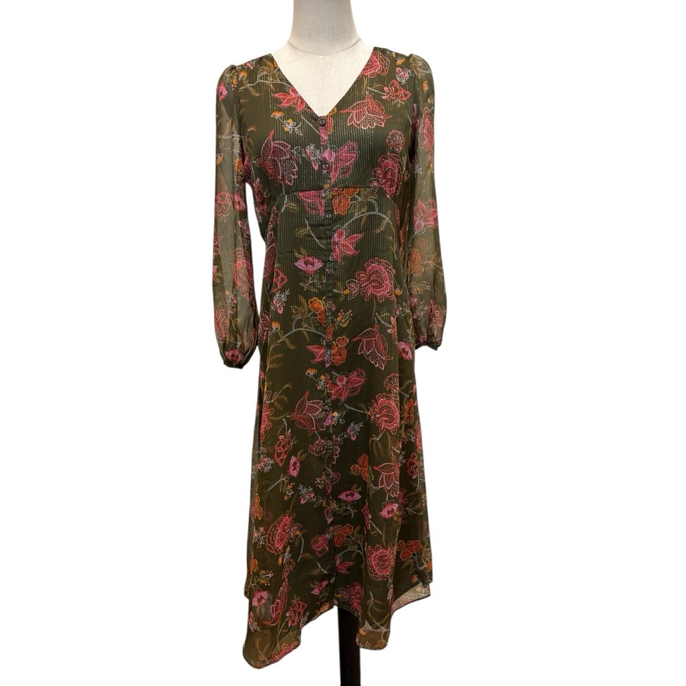 NWT Talbots Olive Green Floral Midi Sz 4P Sheer Long‎ Sleeve Cottage Whimsigoth